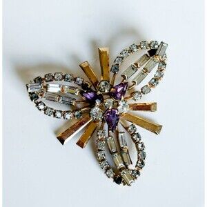Vintage B David Purple Rhinestone Brooch Signed Gold Tone Baguette Starburst Pin